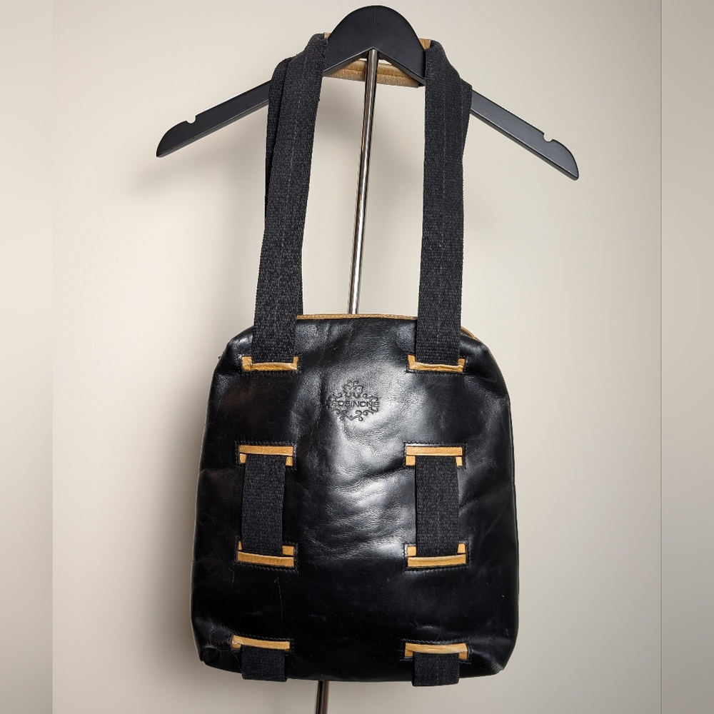 Frosinone Black Leather Laptop Shoulder Bag With Fabric Handles & Beige Accents